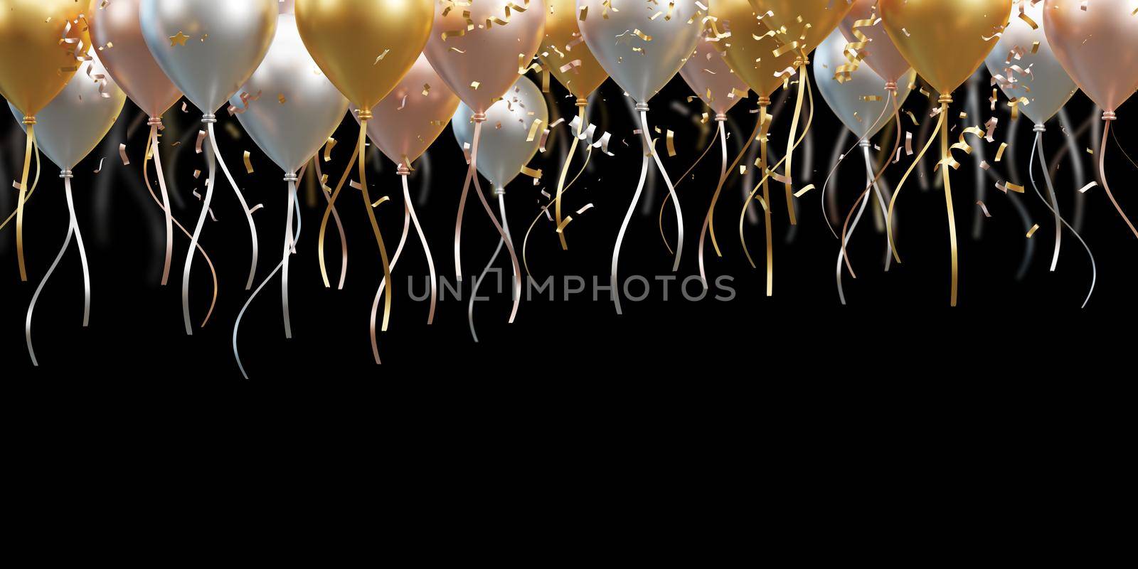 Luxury balloons and foil confetti falling on white background with copy space 3d render by Myimagine