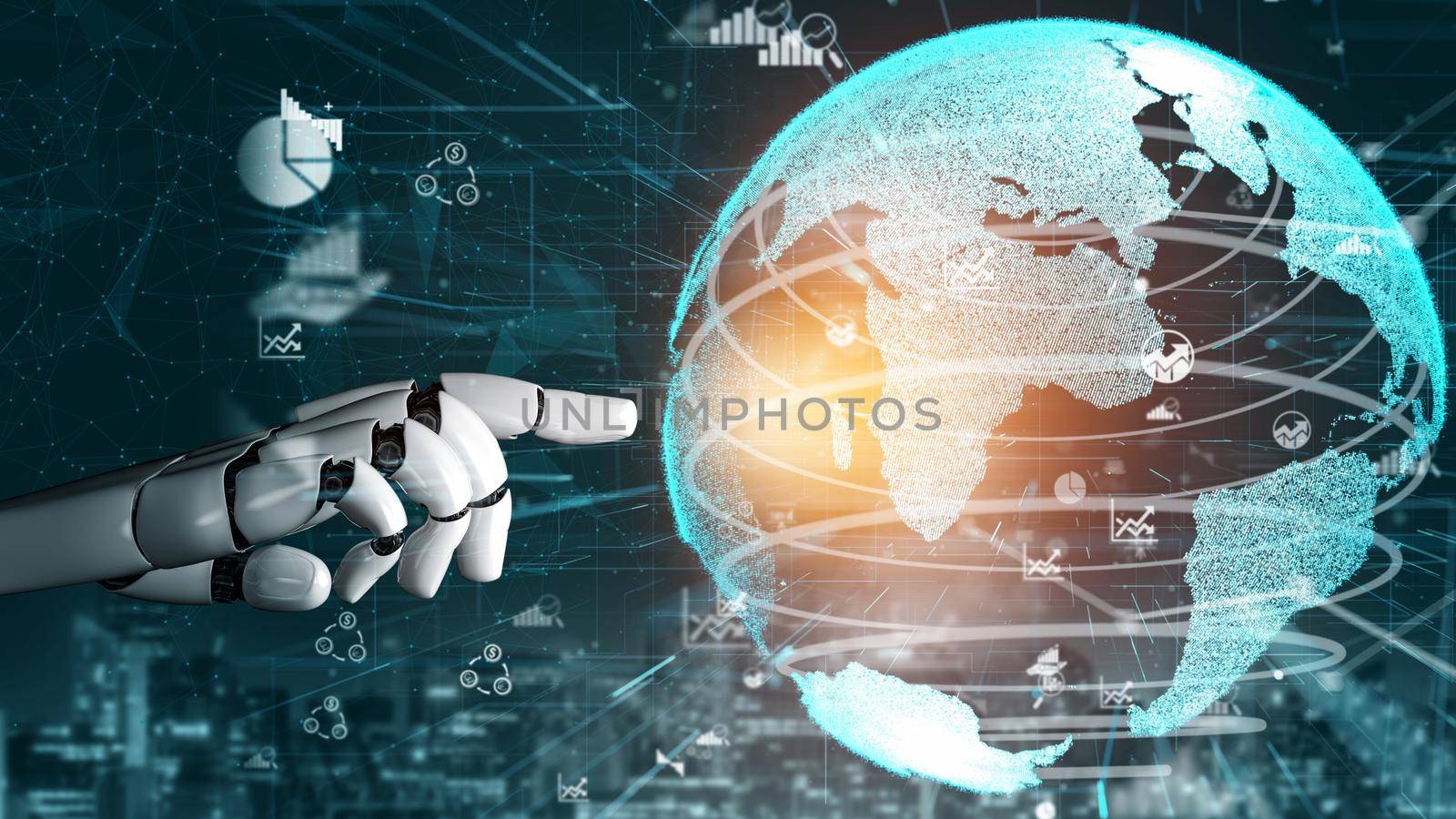 Futuristic robot artificial intelligence revolutionary AI technology development and machine learning concept. Global robotic bionic science research for future of human life. 3D rendering graphic.