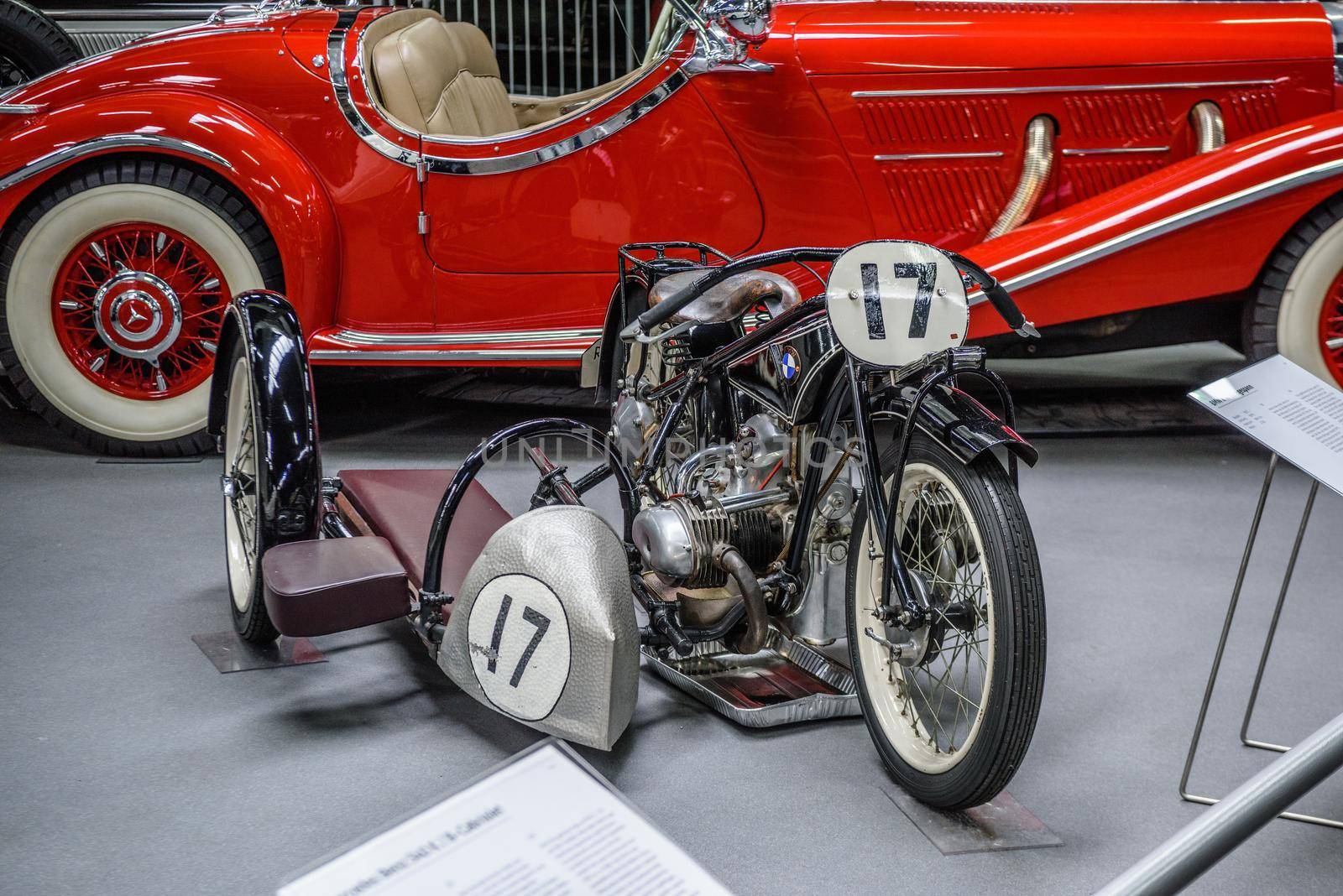 SINSHEIM, GERMANY - MAI 2022: sidecar black motorbike motorcycle BMW R 47 Renngespann 1927 18ps