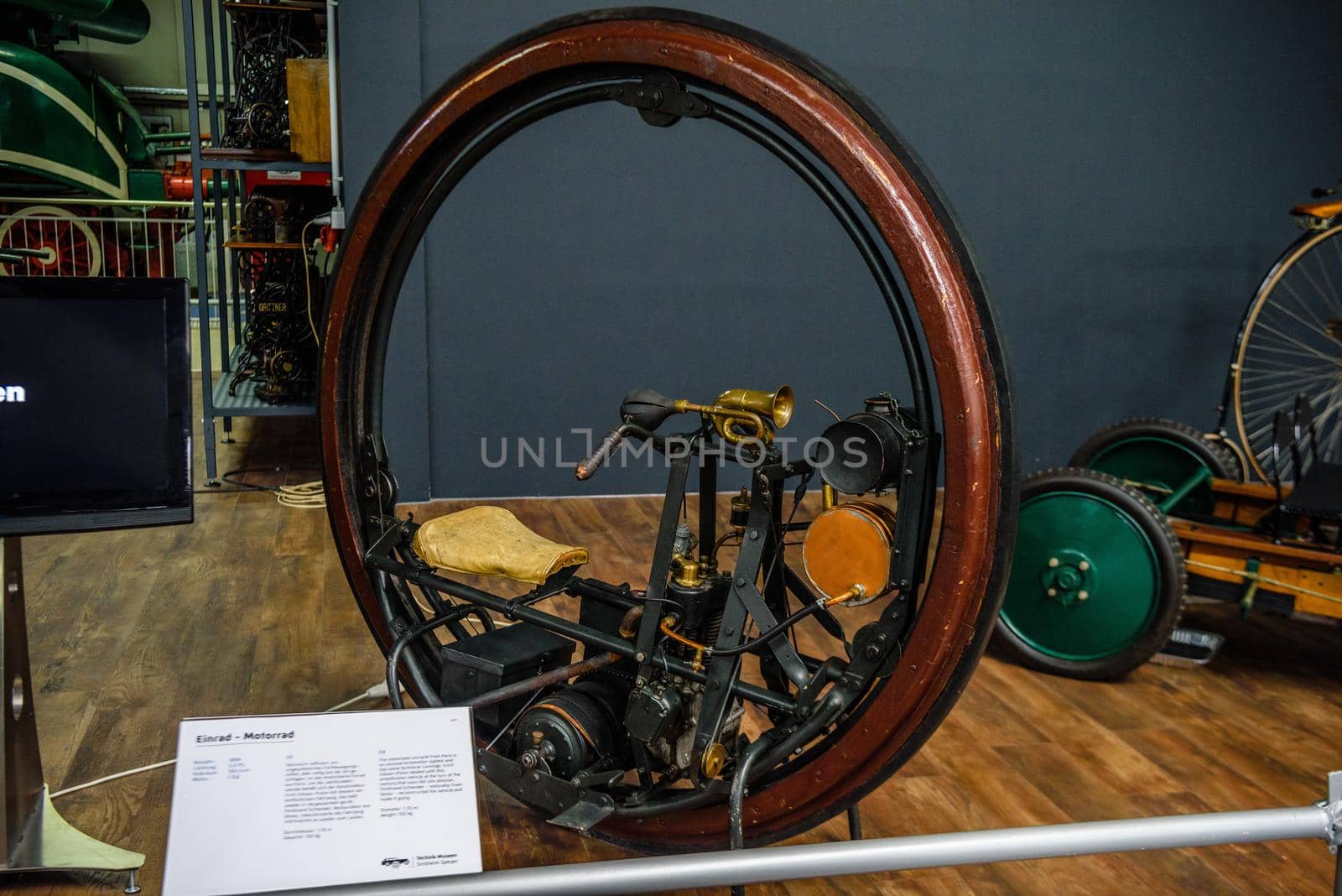 SINSHEIM, GERMANY - MAI 2022: wooden unicycle motorcycle 1894 by Eagle2308