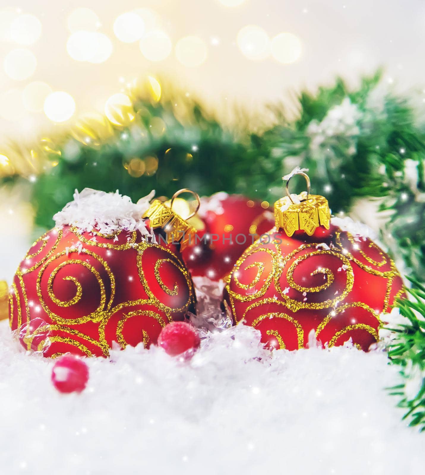 Christmas background and beautiful decor. New Year. Selective focus. by yanadjana