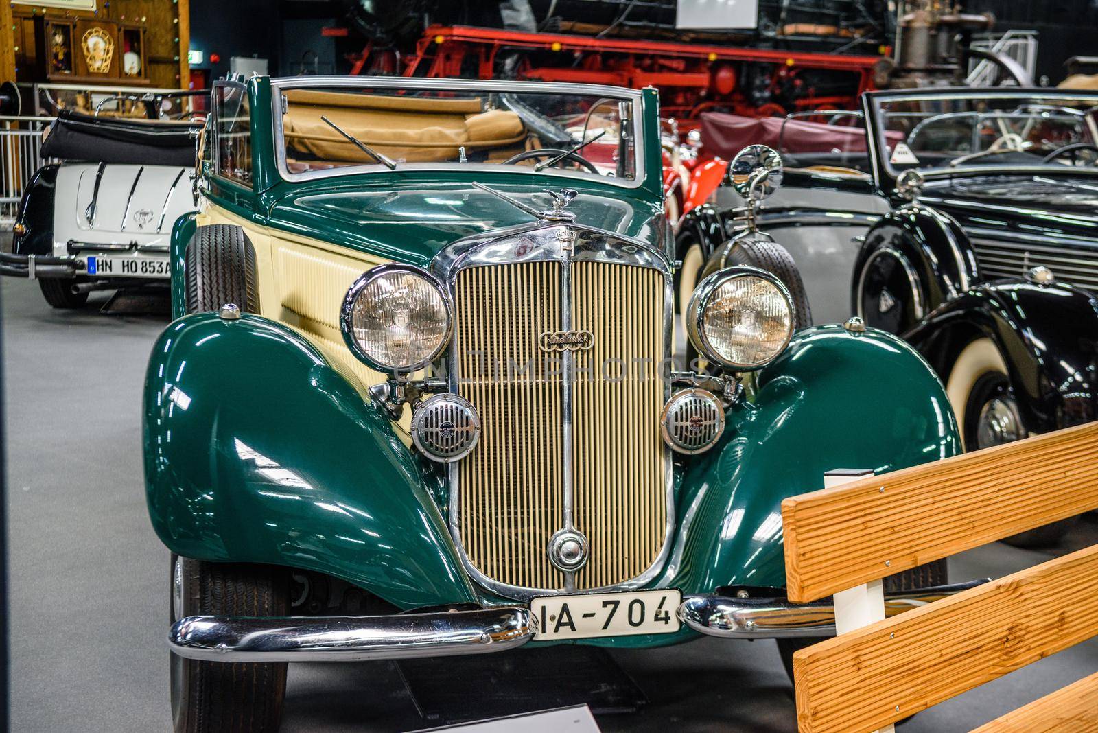 SINSHEIM, GERMANY - MAI 2022: beige green Horch 830 BL cabrio 1939 92ps