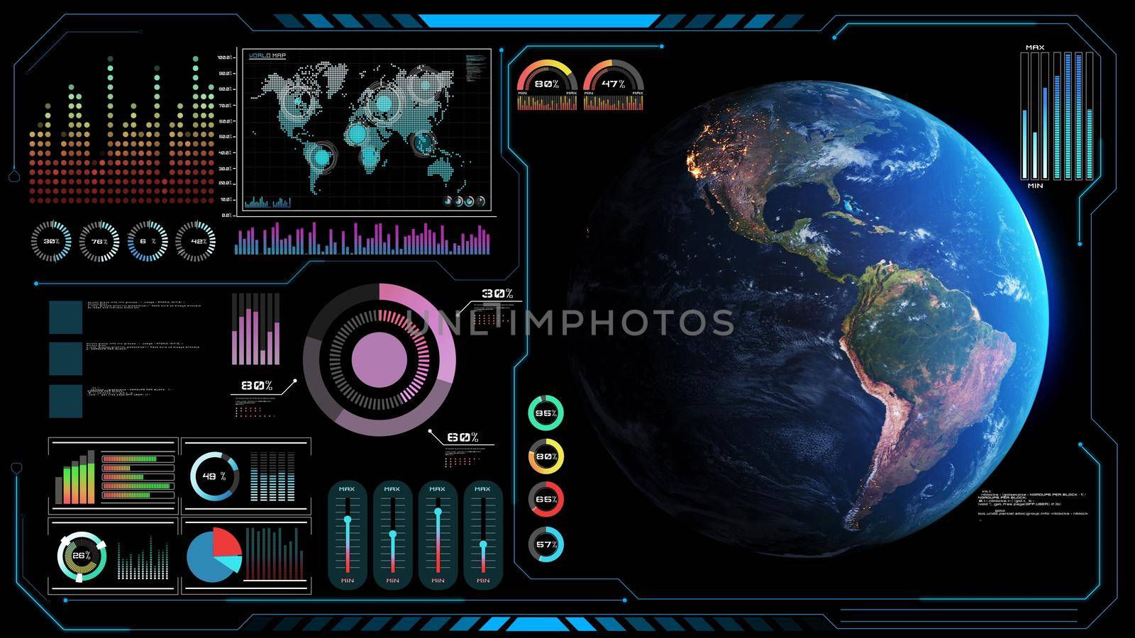 Futuristic VR head-up display design with orbital global network 3D rendering graphic . HUD element containing circle abstract and big data analytic presented in digital GUI technology .