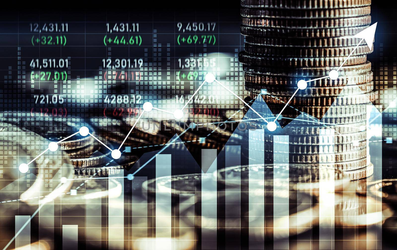 Finance and money technology background concept of business prosperity and asset management . Creative graphic show economy and financial growth by investment in valuable asset to gain wealth profit .