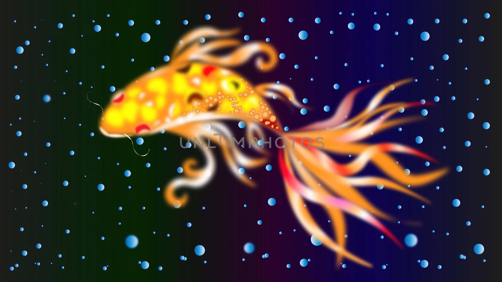 Glowing goldfish. In the depths of dark waters a golden fish of well-being swims. Air bubbles in water rise up. by Nickstock