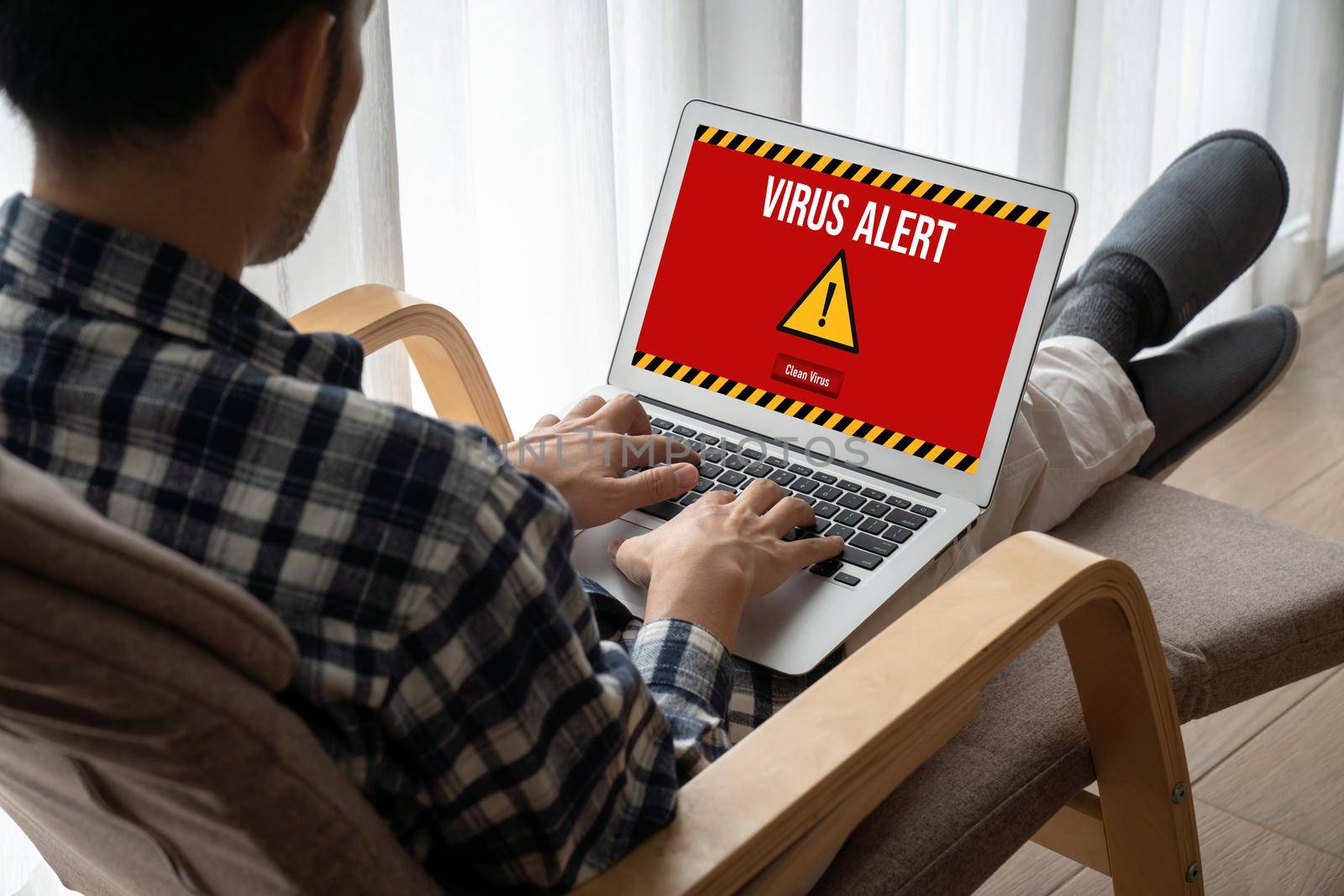 Virus warning alert on computer screen detected modish cyber threat by biancoblue