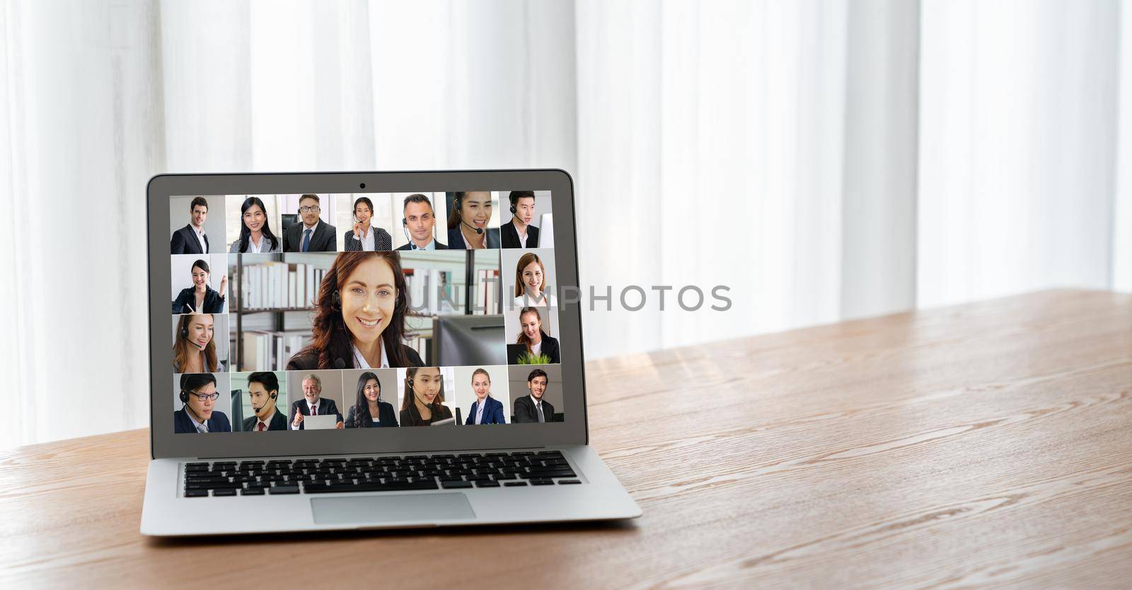 Business people on video conference for modish virtual group meeting by biancoblue