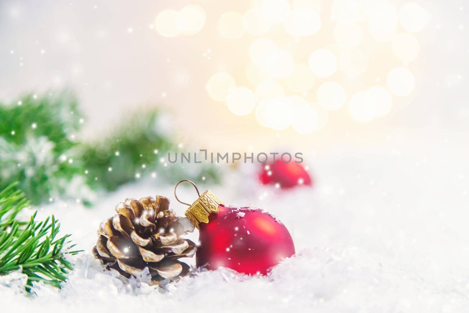Christmas background and beautiful decor. New Year. Selective focus. Holiday.