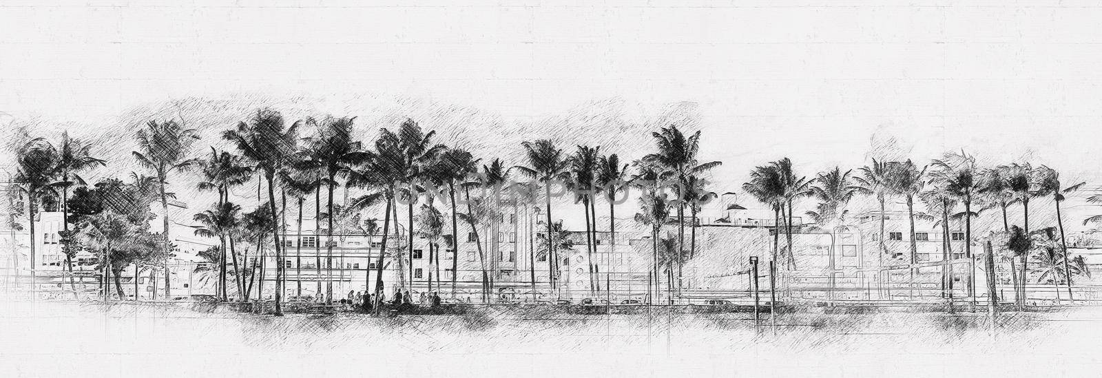 Miami Beach Ocean Drive hotels and restaurants at sunset. City skyline with palm trees at night. hand drawn style pencil sketch by Mariakray