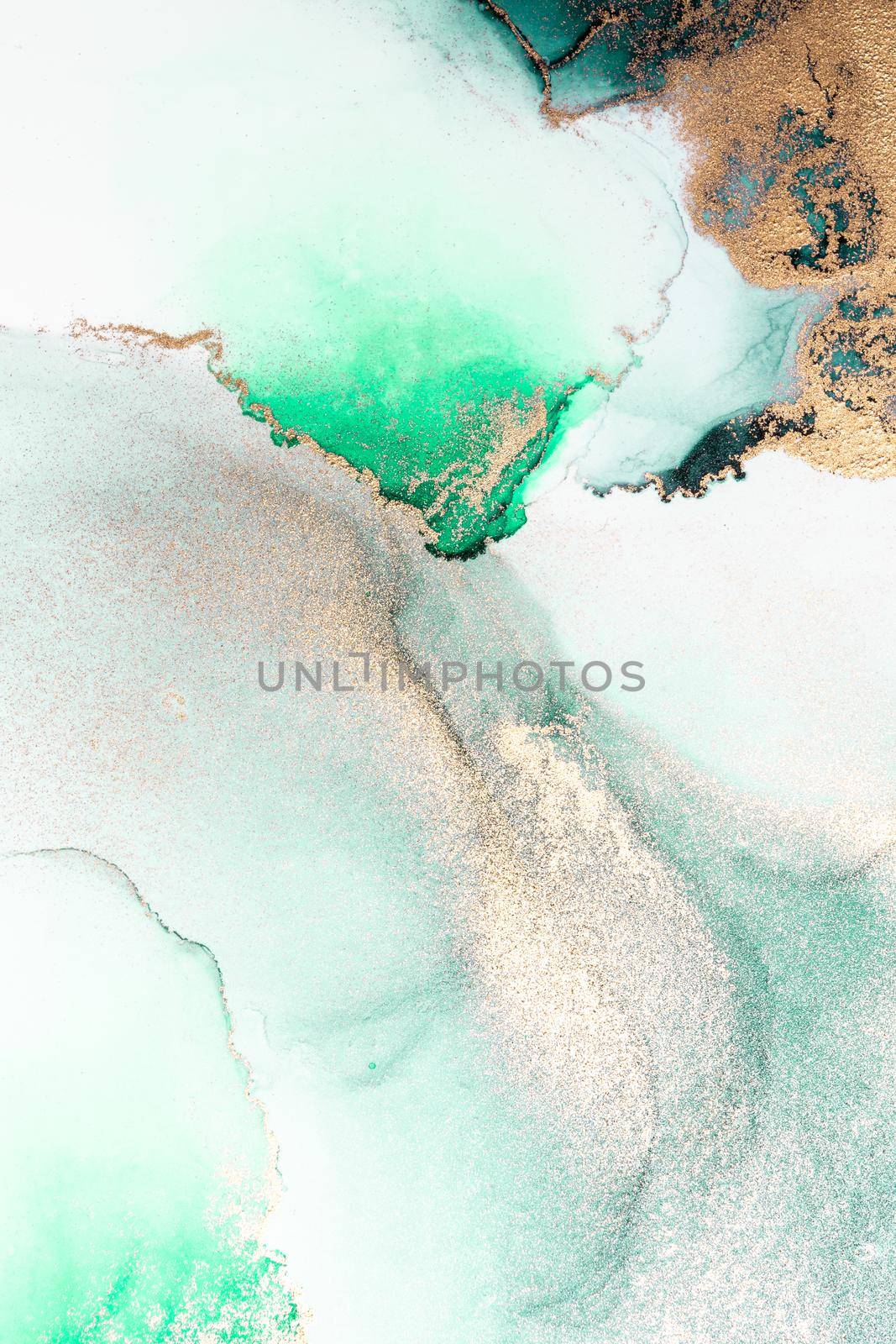 Green gold abstract background of marble liquid ink art painting on paper . by biancoblue