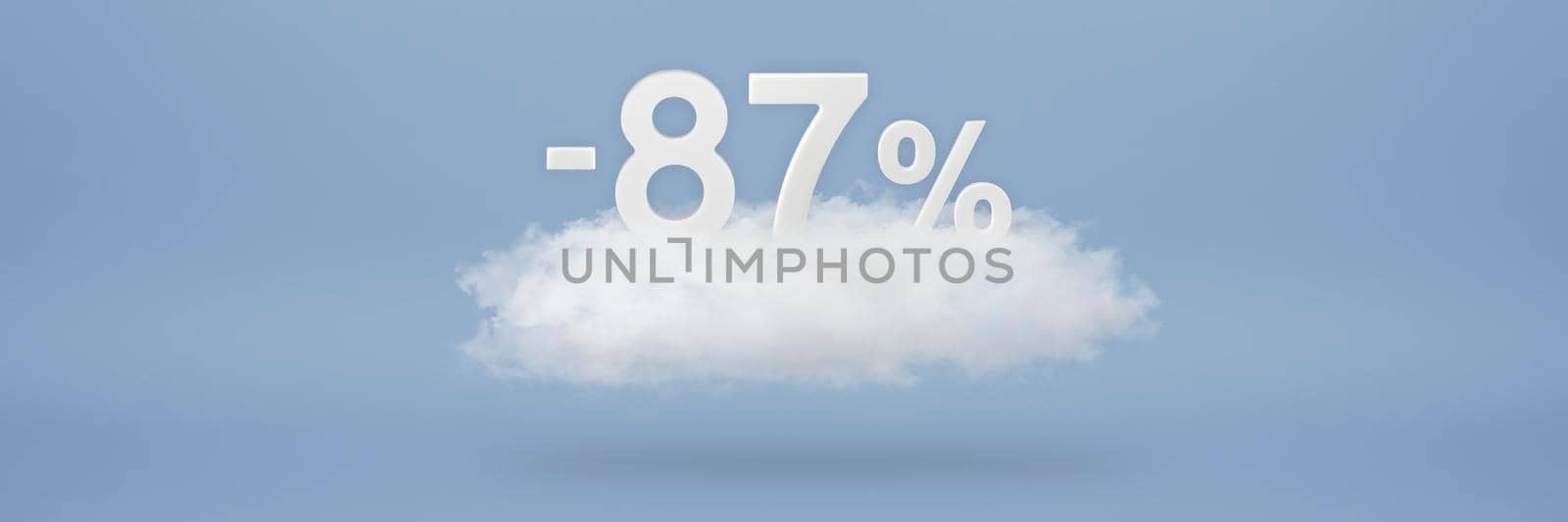 Discount 87 percent. Big discounts, sale up to eighty seven percent. 3D numbers float on a cloud on a blue background. Copy space. Advertising banner and poster to be inserted into the project by SERSOL