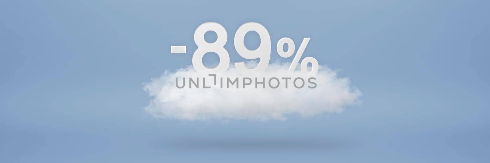 Discount 89 percent. Big discounts, sale up to eighty nine percent. 3D numbers float on a cloud on a blue background. Copy space. Advertising banner and poster to be inserted into the project.