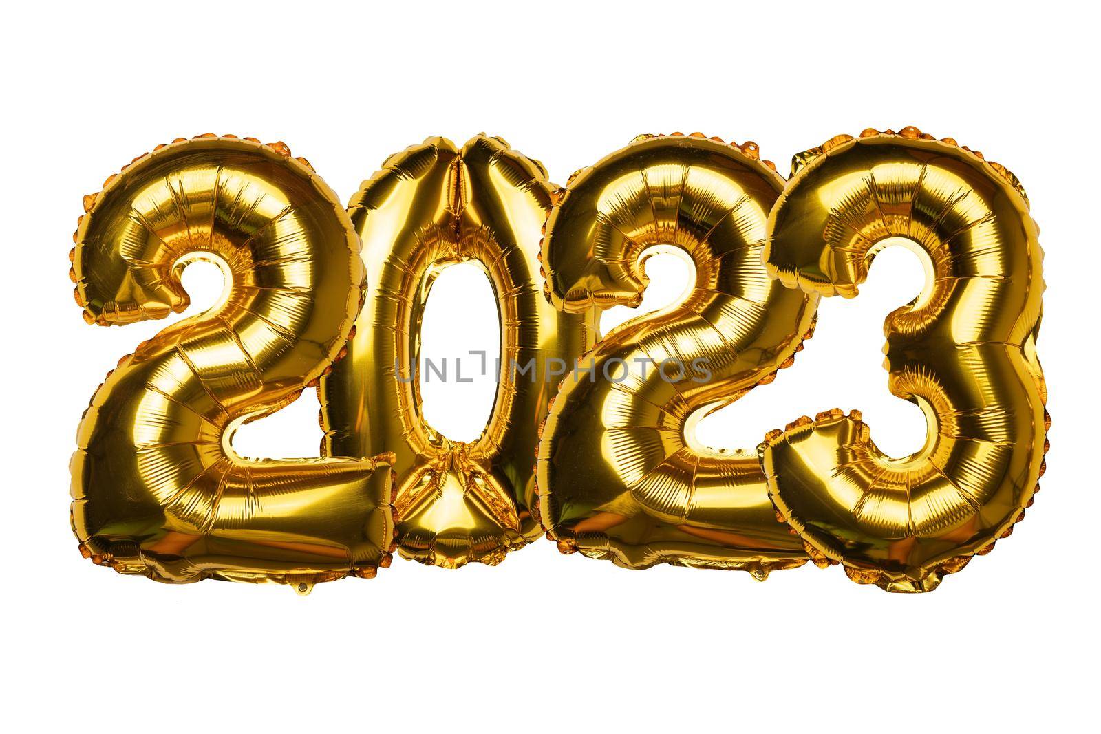 2023 concept Happy New Year from golden foil balloons aranged tight on white background