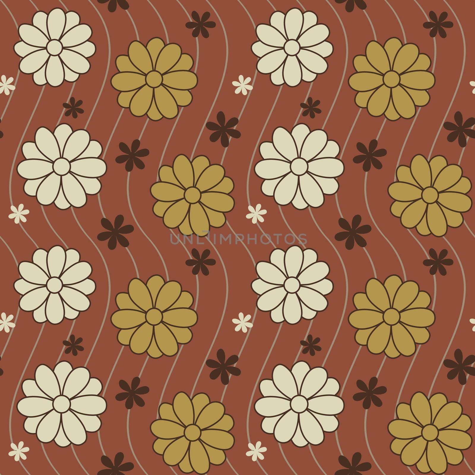 Brown 70s Retro Daisy Swirls Seamless Pattern by apollocat