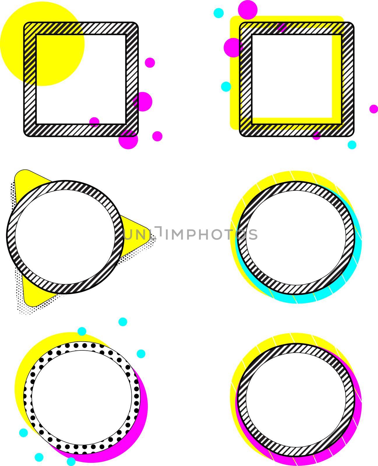 Six 80s-inspired geometric square and circle frames with neon blue, purple, and yellow coloring. Isolated vecotr illustrations.