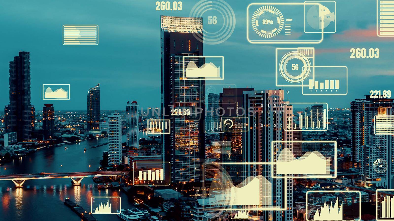Business data analytic interface fly over smart city showing alteration future of business intelligence. Computer software and artificial intelligence are used to analyze big data for strategic plan .