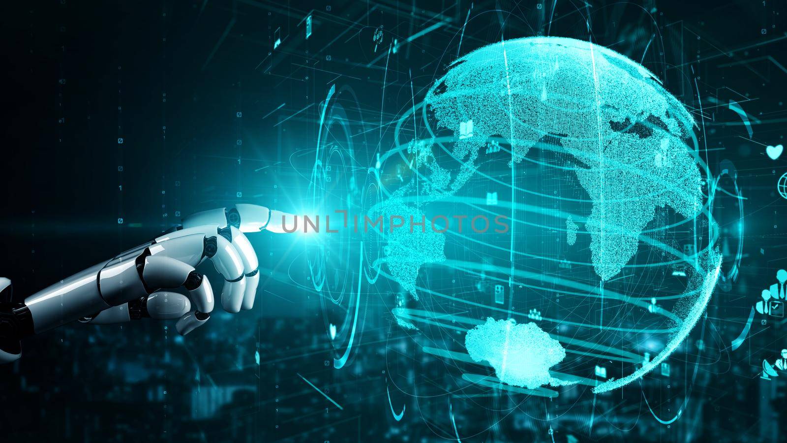Futuristic robot artificial intelligence enlightening AI technology development and machine learning concept. Global robotic bionic science research for future of human life. 3D rendering graphic.