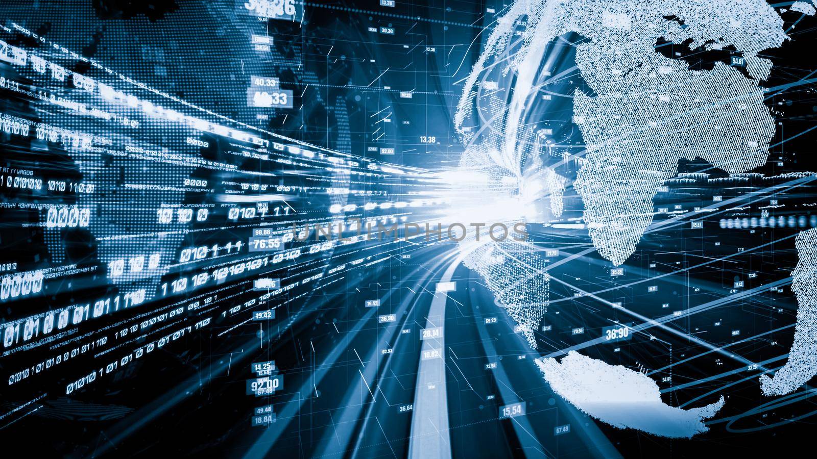 Futuristic global network and tacit digital data transfer 3D graphic . Concept of smart digital transformation and technology disruption that changes global trends in new information era .