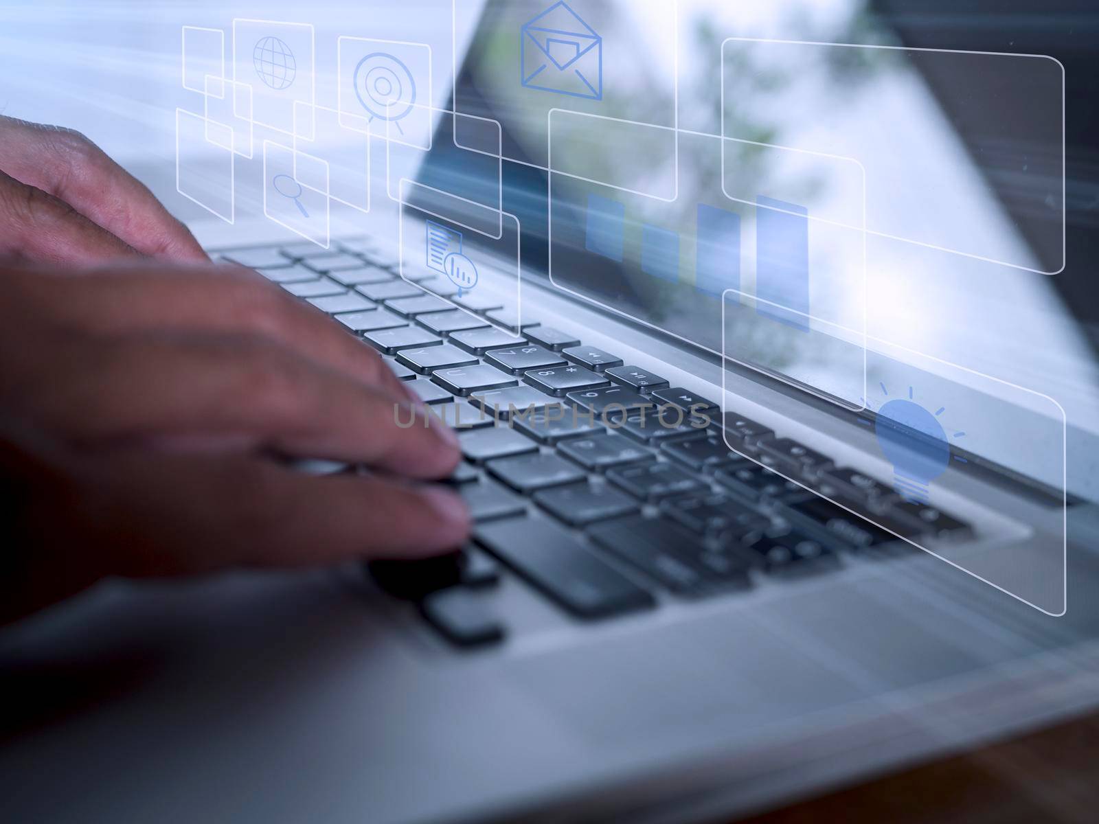 Hands man useing laptop computer with E-commerce technology icons on virtual screen. Business global, social media marketing concept. 