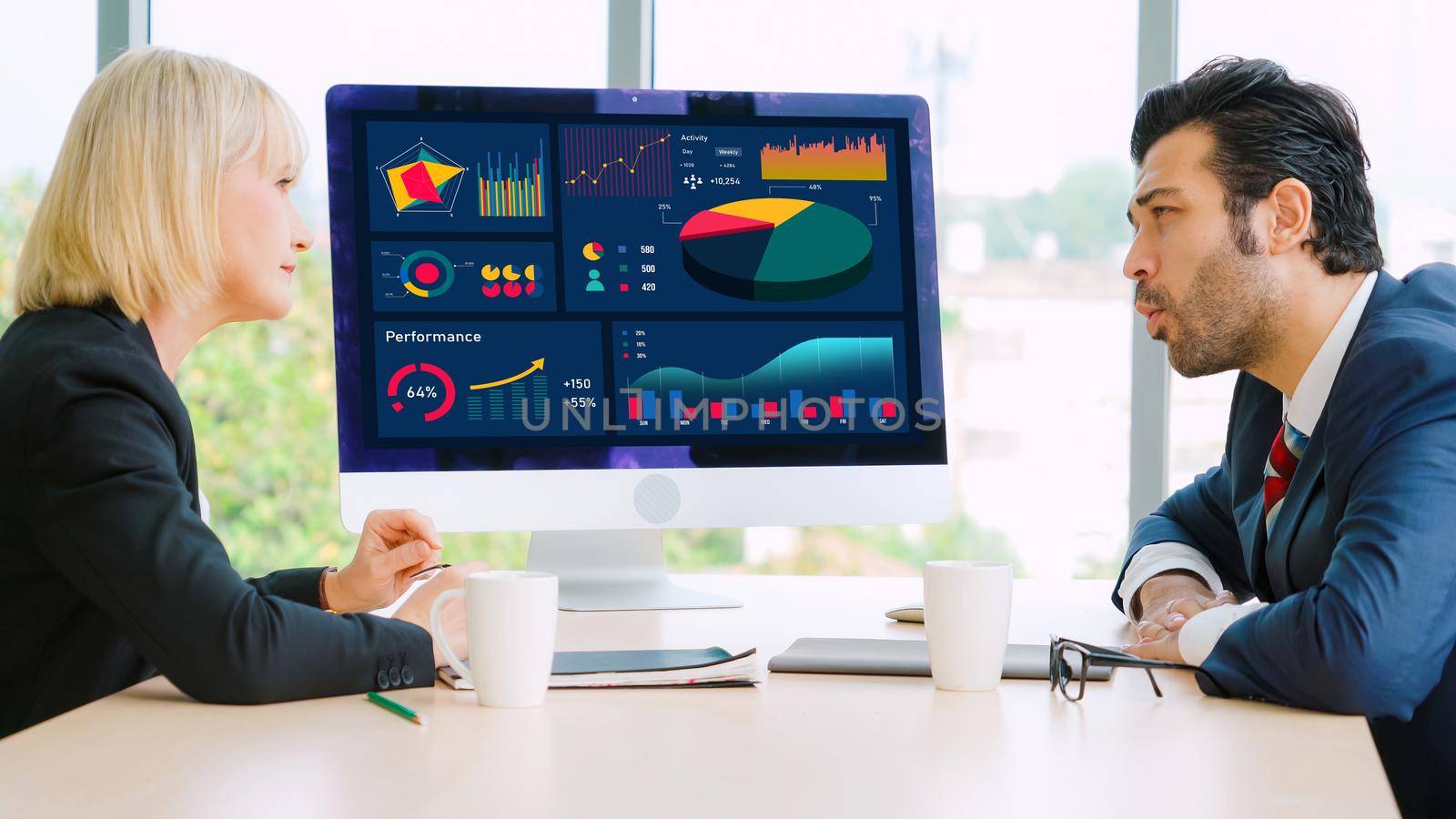 Business data dashboard analysis by ingenious computer software . Investment application display business sales and profit on the computer screen and advise marketing planning decision .