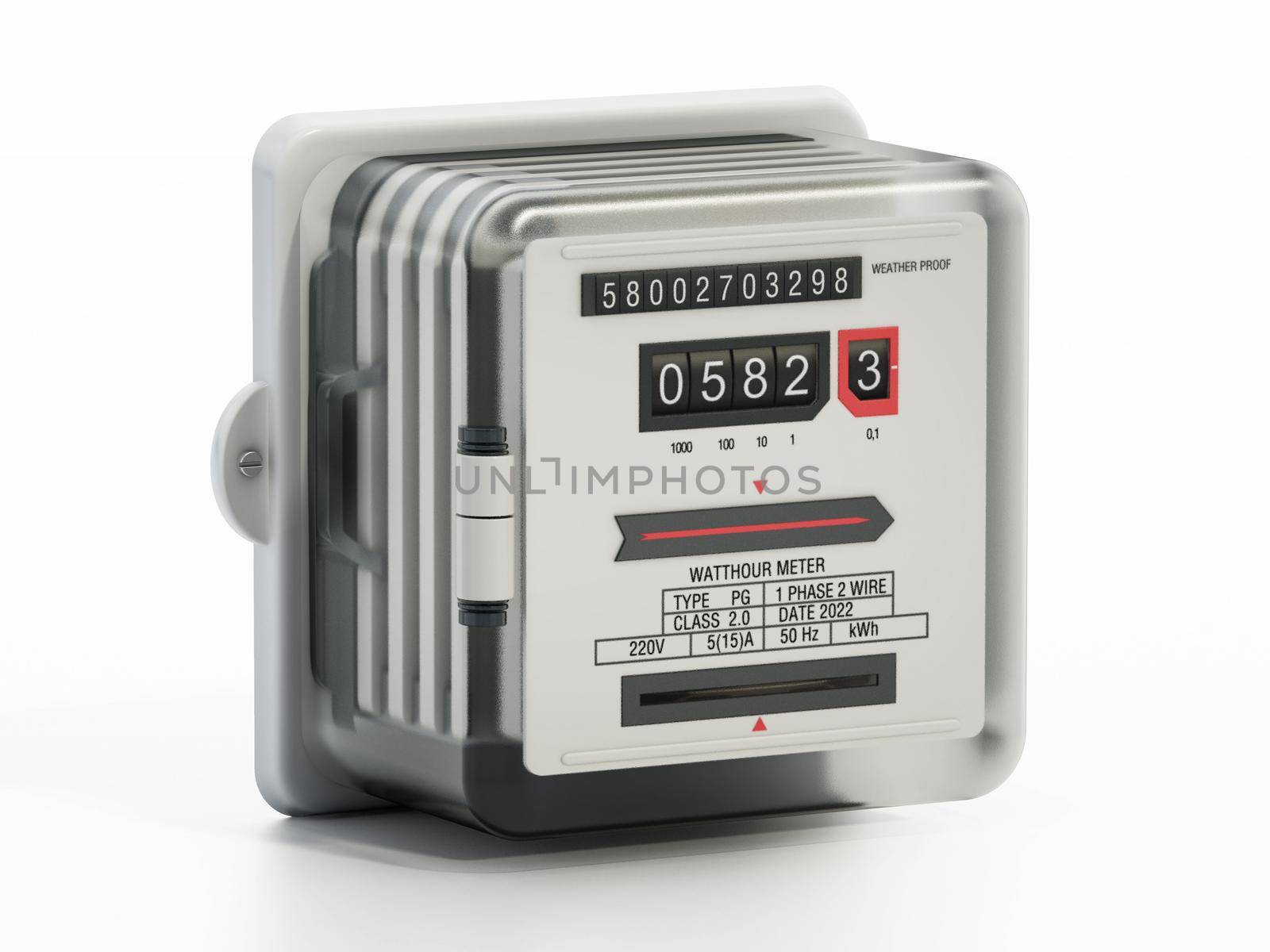 Electricity meter isolated on white background. 3D illustration by Simsek