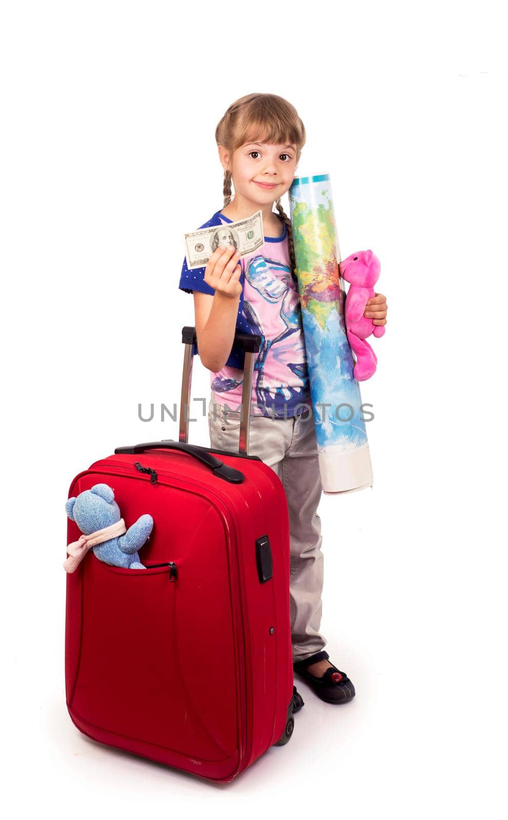 Traveling with children. Tourism. Cute little girl and big red suitcase isolated on white background by aprilphoto