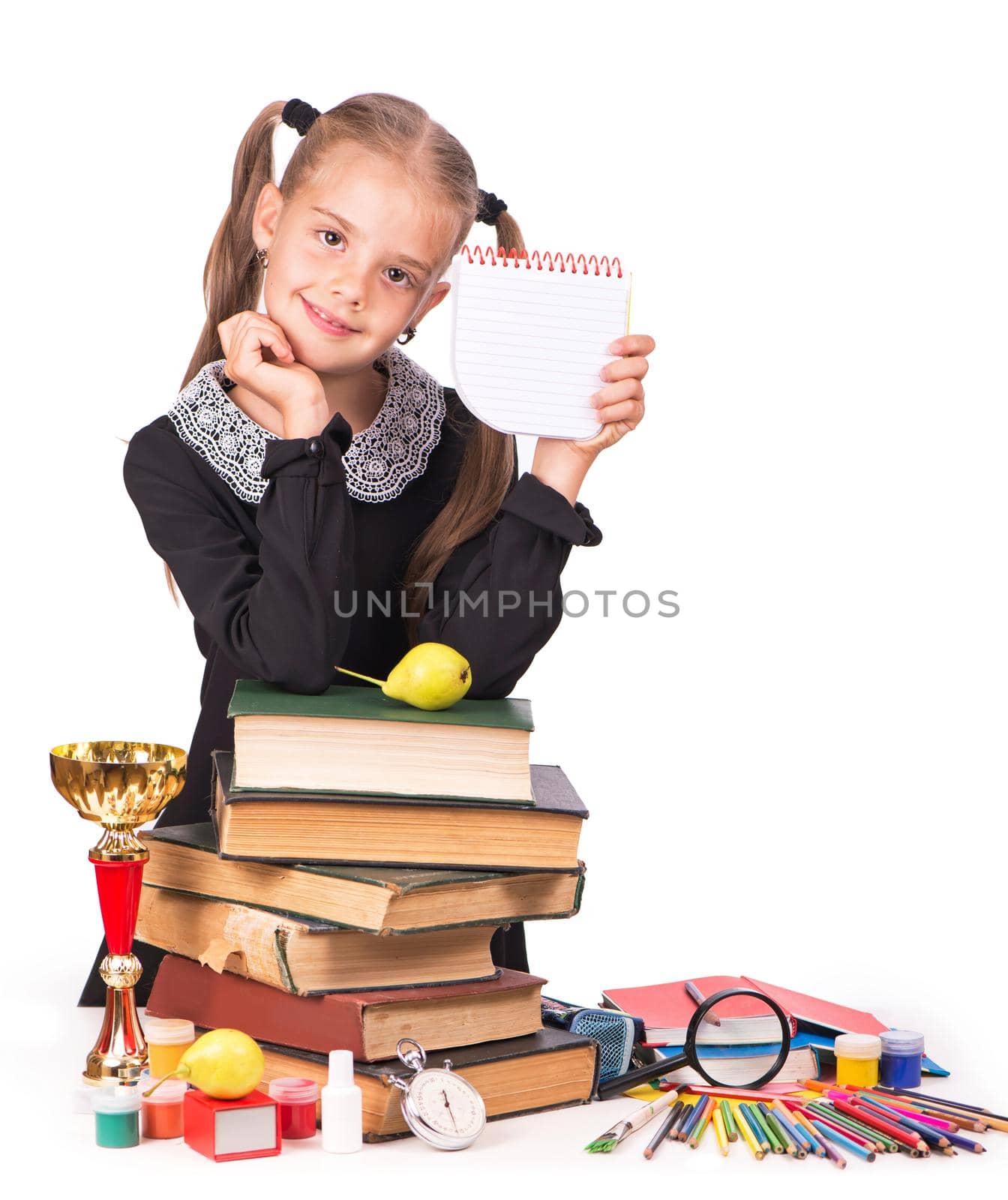 Caucasian child girl with school supplies stationary isolated on white background. by aprilphoto