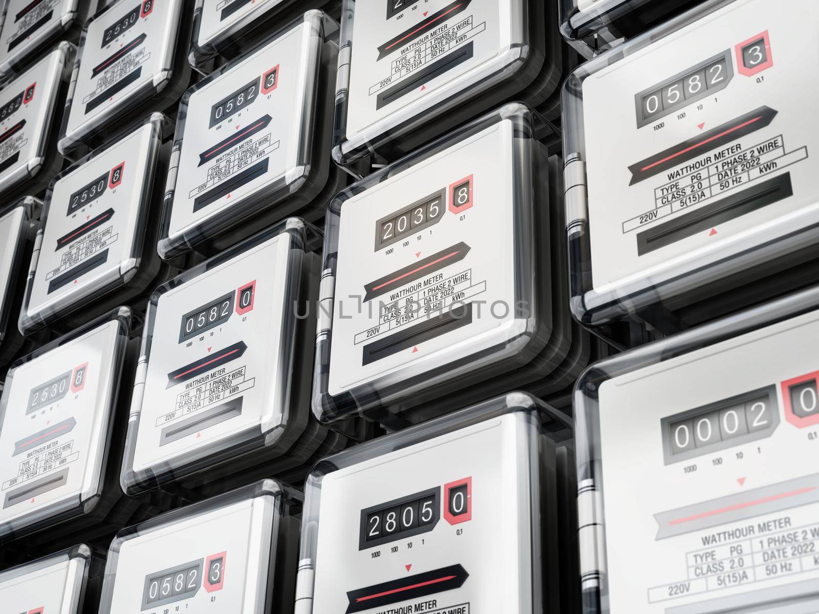Large group of electricity meters. 3D illustration.