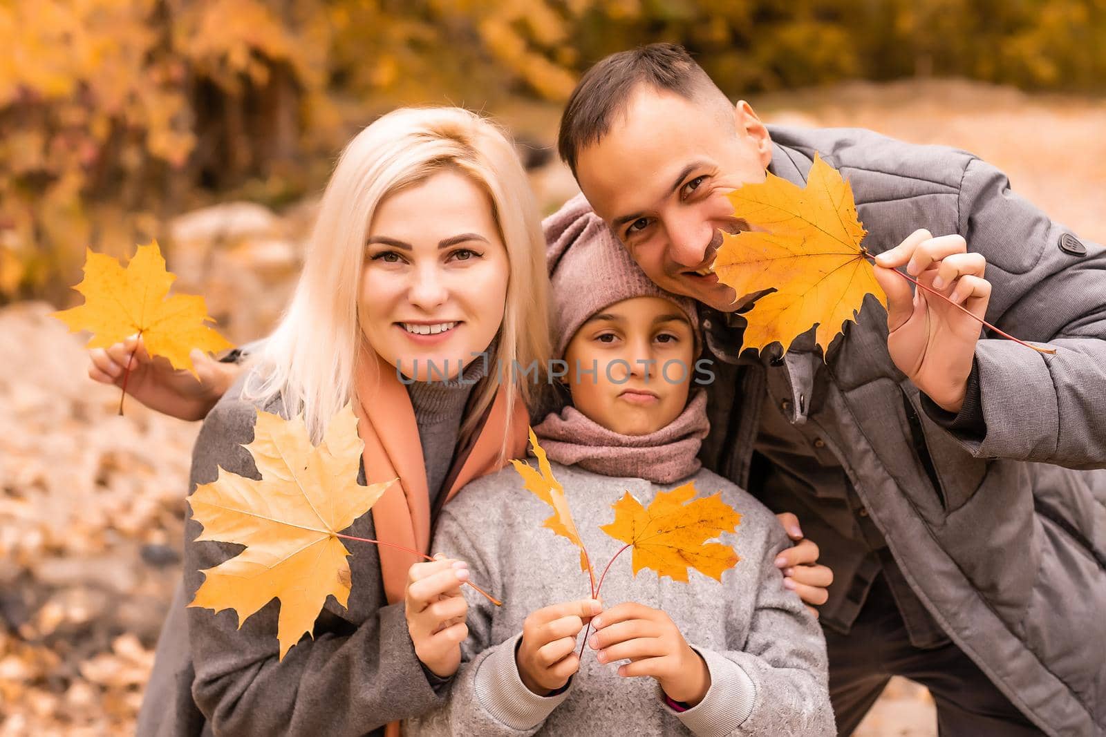 A Family of four enjoying golden leaves in autumn park.