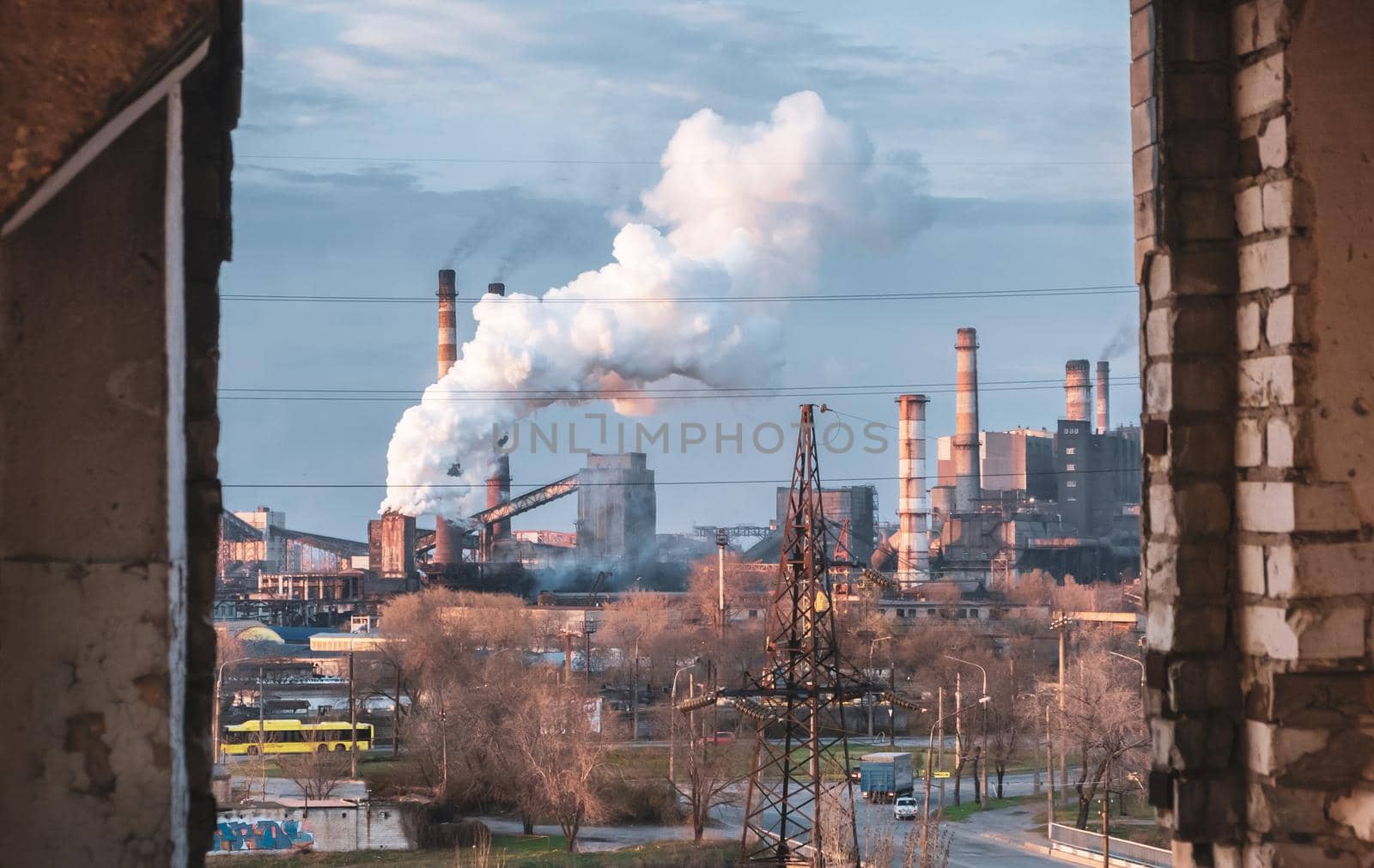 industrial plant, factory smoke. air pollution. global warning. chimney industry smoking