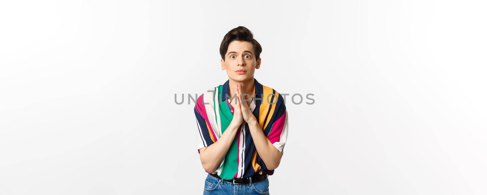 Image of hopeful young man begging for help, staring at camera and pleading for favour, asking advice, standing over white background.