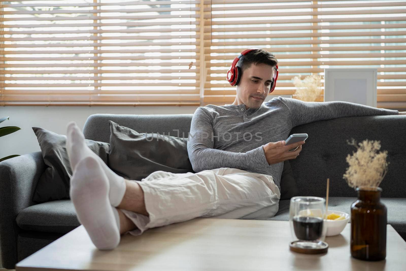 Attractive man sitting on comfortable couch and using smart phone.
