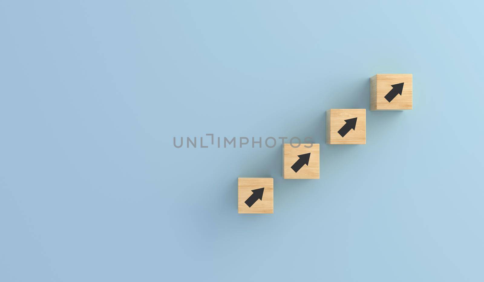 Business concept growth success process. wooden cube block stacking as step stair with arrow up symbol. by ImagesRouges