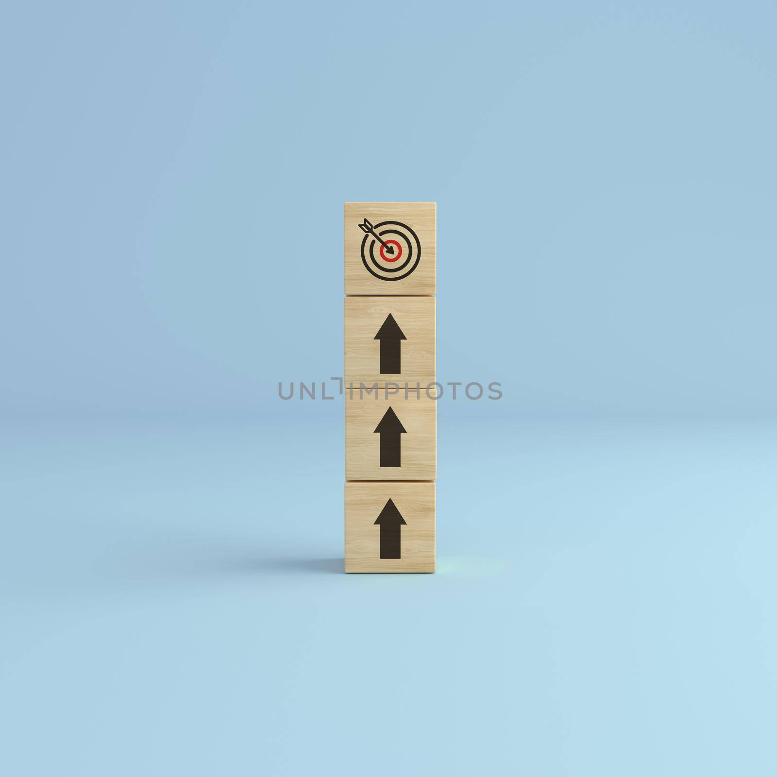 Target up. Arrow up with wooden cube blocks tower with target icon on white background. Concept of business strategy and action plan. 3D rendering.