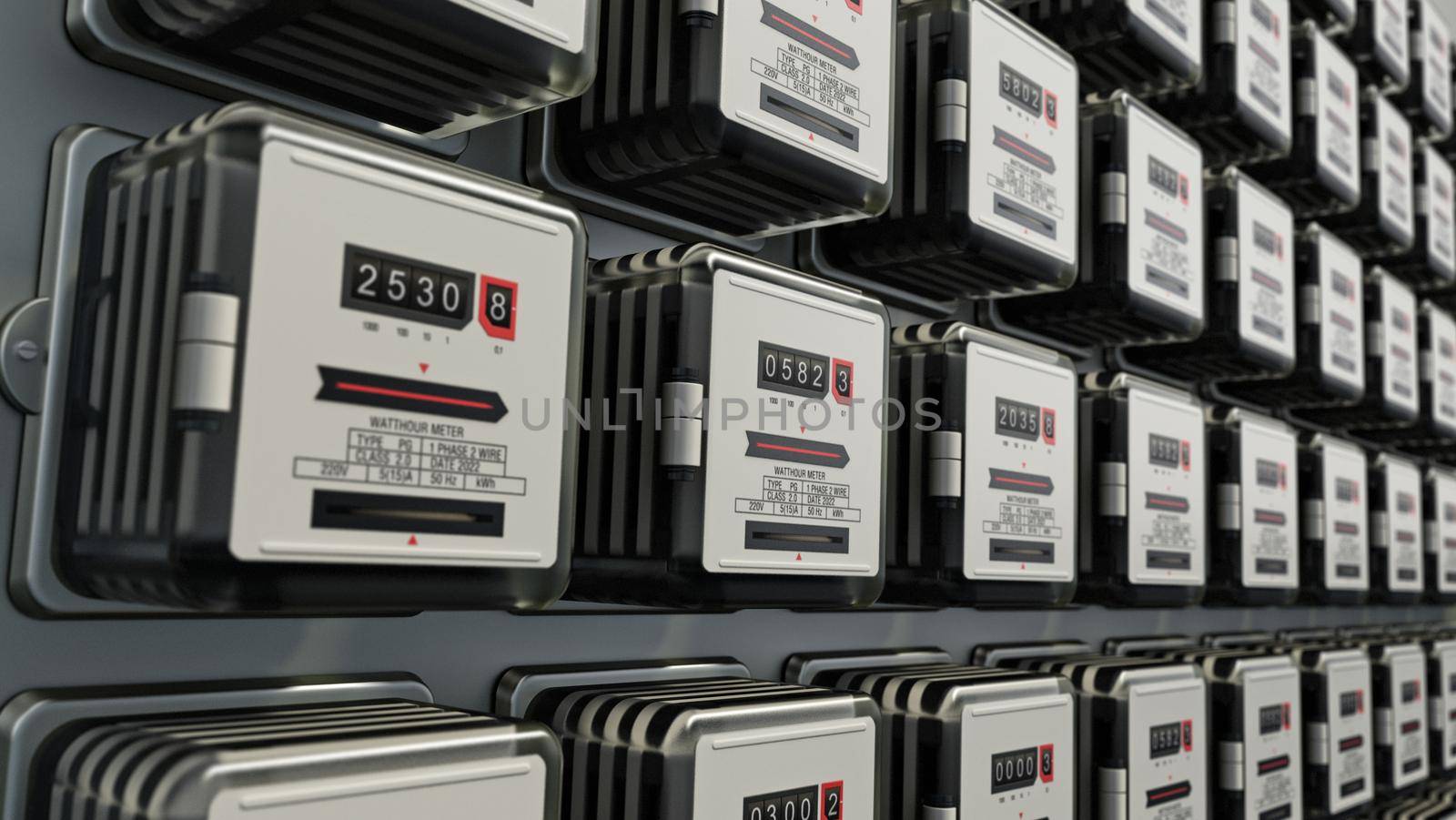 Rows of electricity meters on the wall. 3D illustration by Simsek