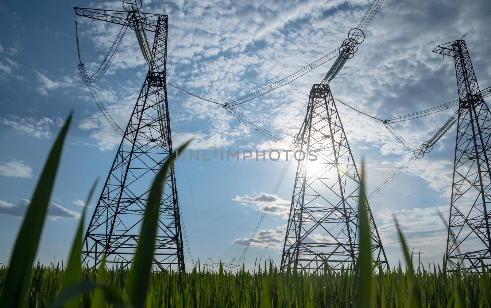 high voltage power line with green grass. green energy concept of high voltage by igor010