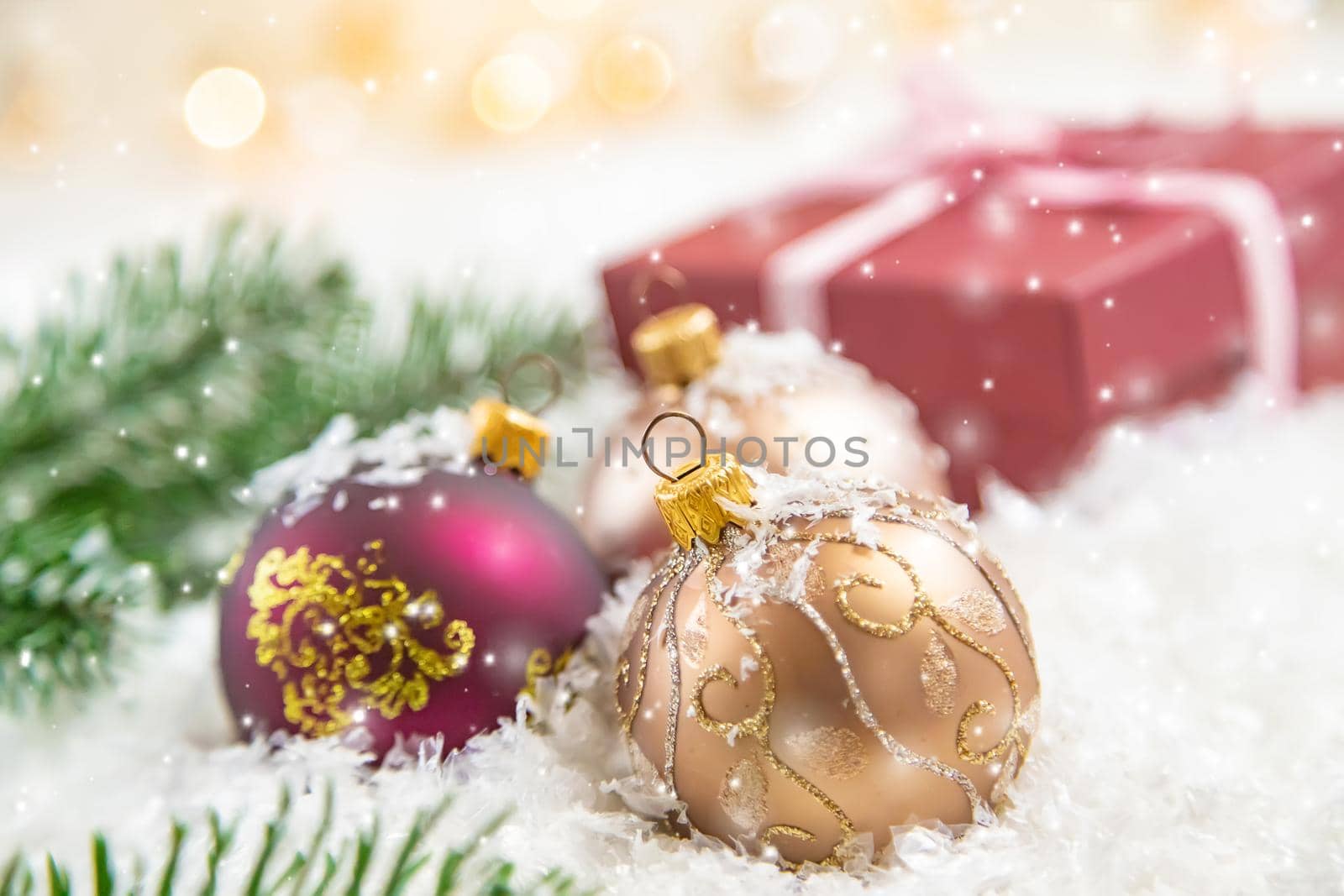 Christmas background and beautiful decor. New Year. Selective focus. Holiday.