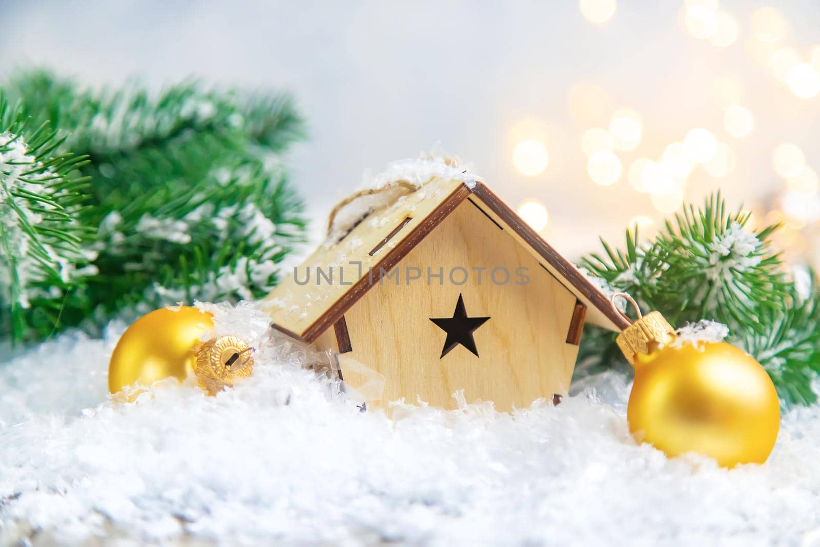 Christmas decor, new year snow house. Selective focus. Holiday.