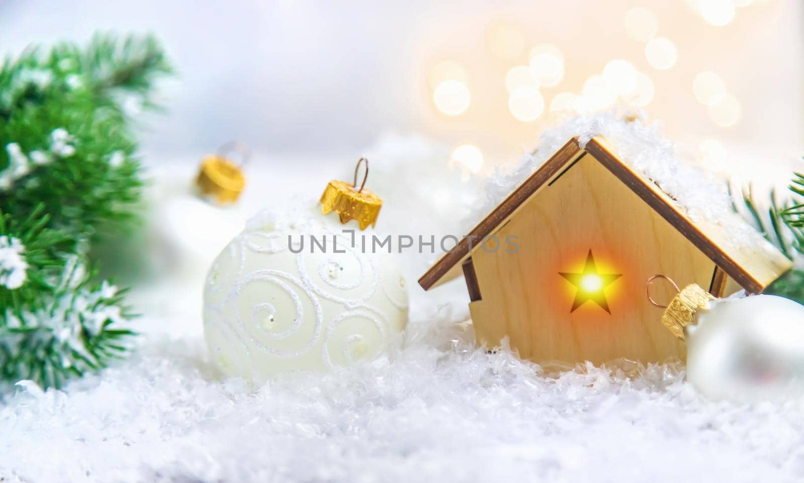 Christmas decor, new year snow house. Selective focus. by yanadjana