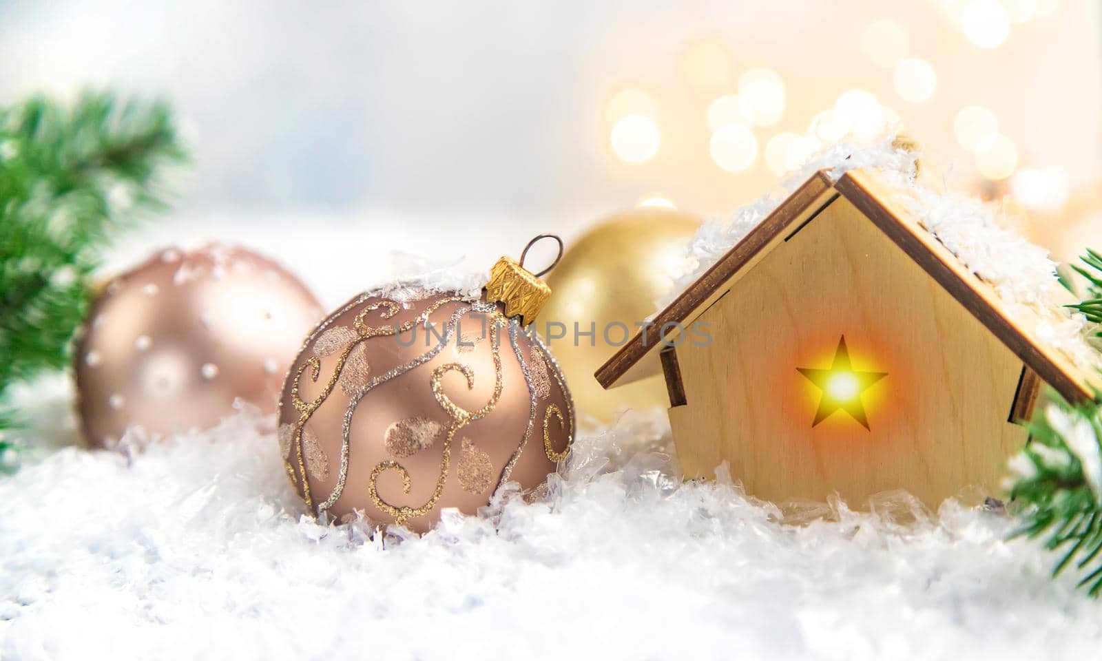 Christmas decor, new year snow house. Selective focus. Holiday.