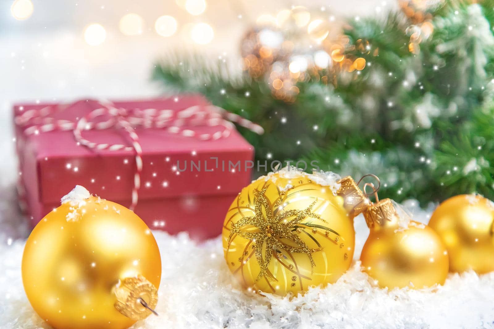 Christmas background and beautiful decor. New Year. Selective focus. by yanadjana