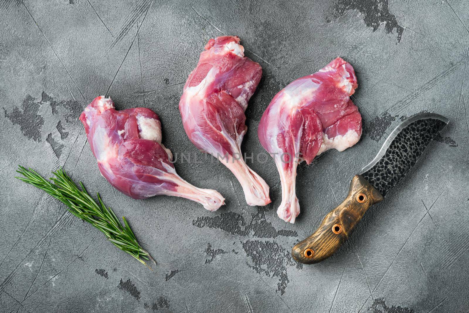 Raw duck legs. Poultry meat ready to cook, on gray stone background, top view flat lay by Ilianesolenyi
