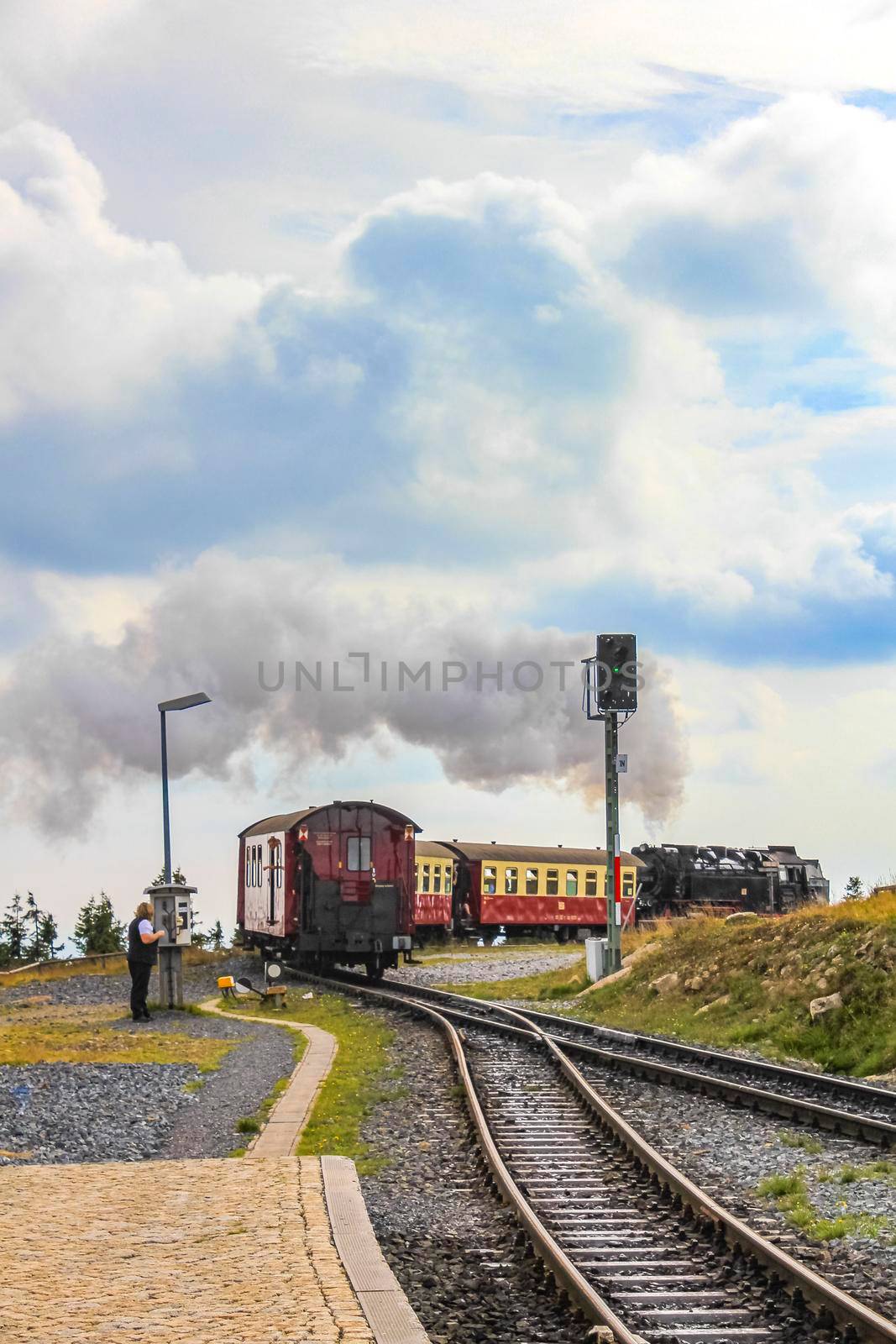 Lower Saxony Germany 12. September 2010 Brockenbahn Locomotive and railway train at the forest and landscape panorama at Brocken mountain peak in Harz mountains Wernigerode Saxony-Anhalt Germany