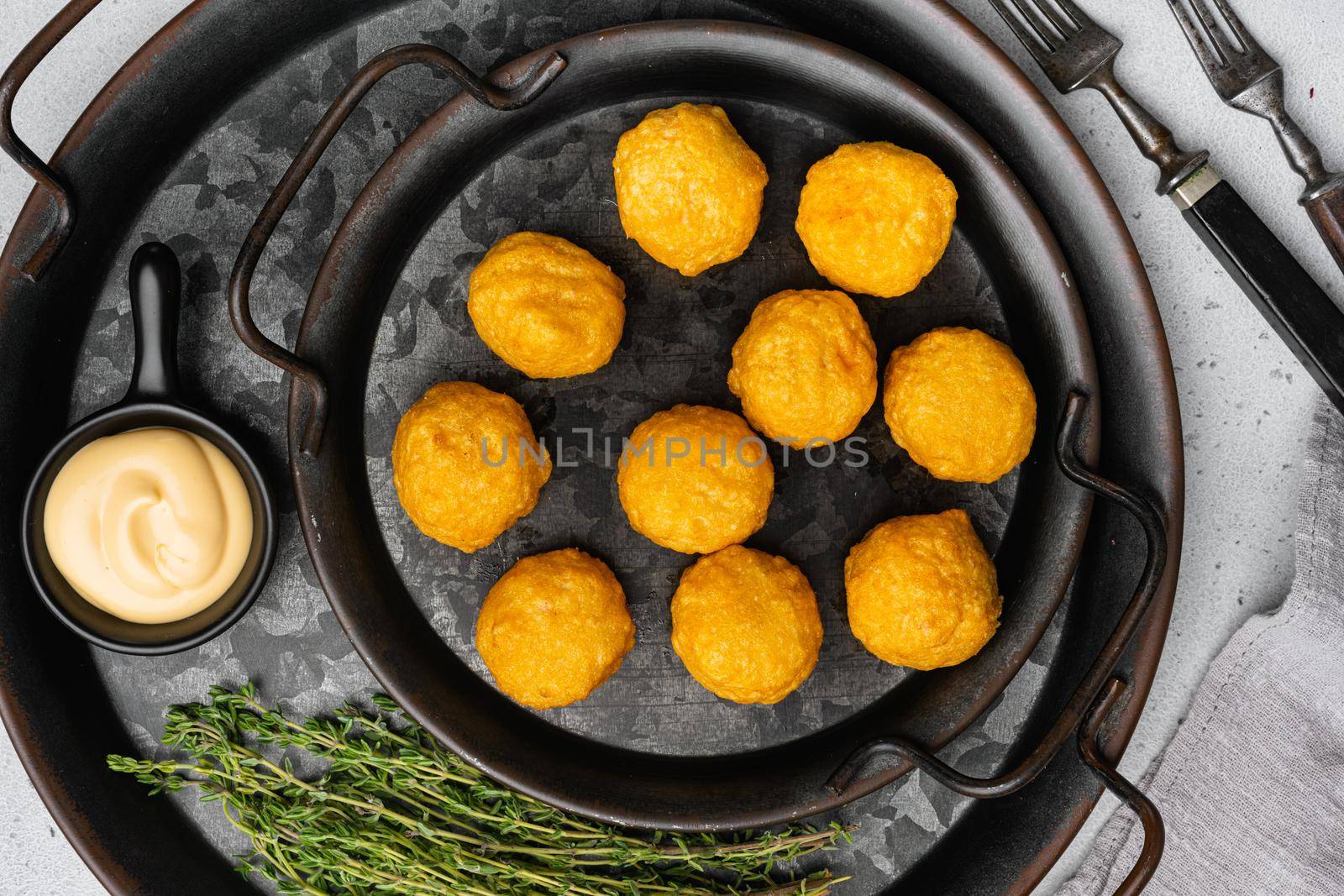 Battered sausage meat ball on gray stone table background, top view flat lay by Ilianesolenyi