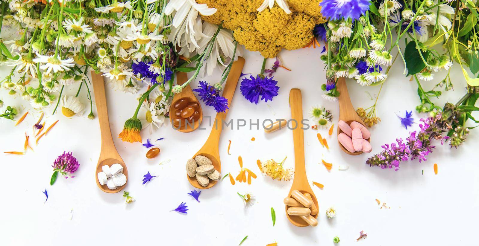 Homeopathy and dietary supplements from medicinal herbs. Selective focus. by yanadjana