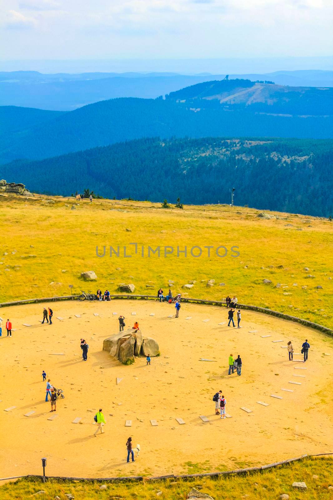 Landscape Panorama view from top of Brocken mountain peak in Harz mountains Wernigerode Saxony-Anhalt Germany