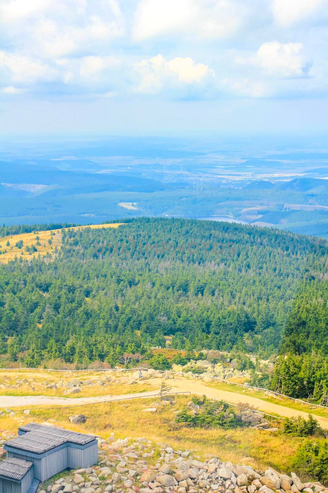 Landscape Panorama view from top of Brocken mountain peak in Harz mountains Wernigerode Saxony-Anhalt Germany