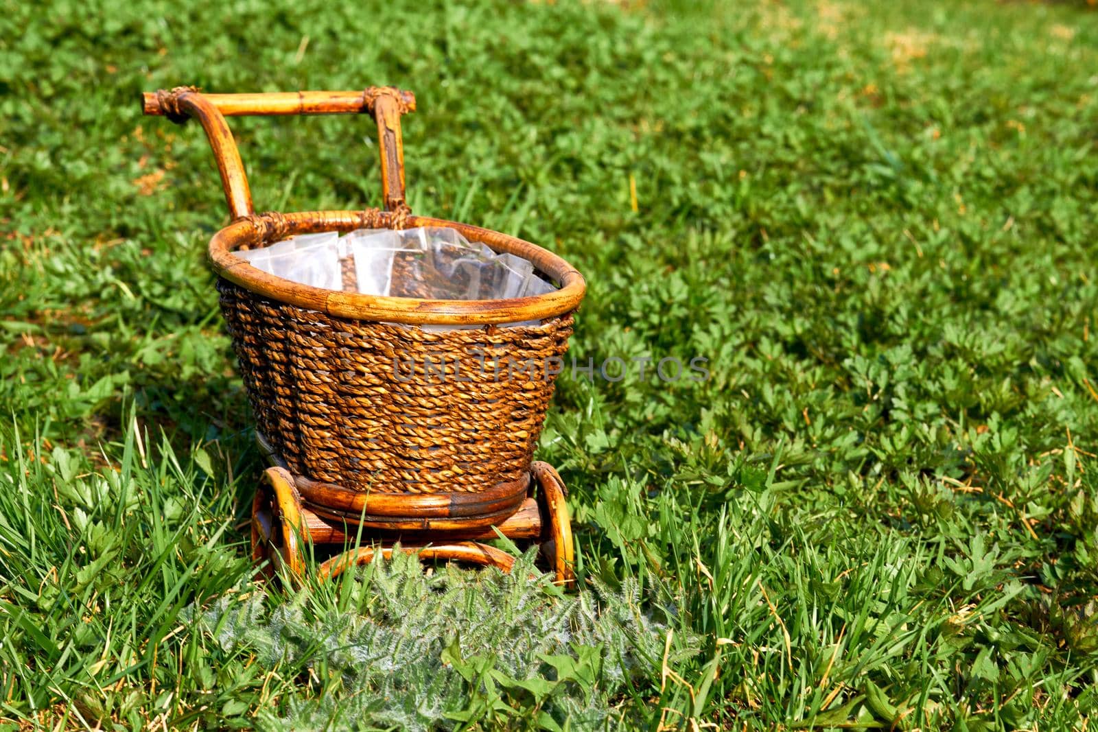 Wooden wicker brown cart in a garden on a green lawn by jovani68