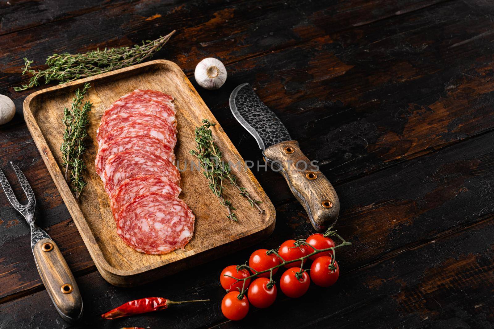 Salami smoked sausage set, on old dark wooden table background, with copy space for text