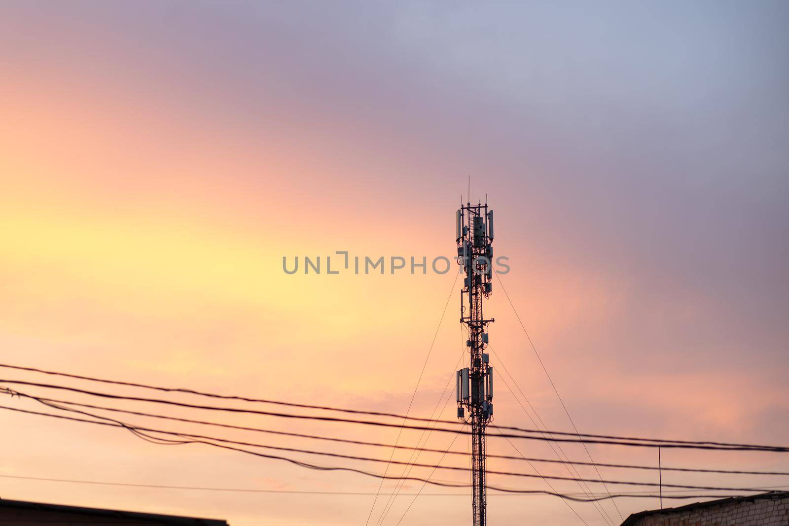 Cell Tower Silhouette Against Orange Sunset Communication Tower Technology Concept Handheld Transmitter Equipment Fort Television Cell Phones Internet Signal